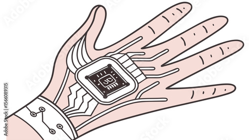 Futuristic Biotechnology: Human Hand with Integrated Microchip and Circuitry Representing Digital Health, Cybernetic Interface, and Advanced Implan...