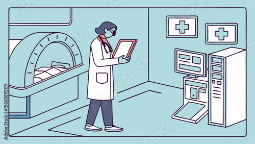 Healthcare Professional Operating Medical Imaging Scanner: Doctor or Radiologist Supervising Patient During MRI or CT Scan in Diagnostic Room, Mode...