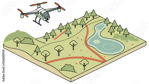 Isometric Illustration of a Drone Flying Over a Natural Landscape for Environmental Monitoring, Mapping, or Surveying, Showcasing Modern Technology...