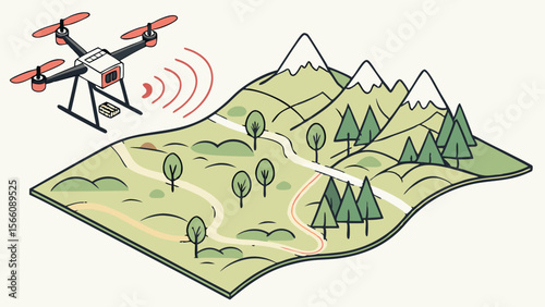 Drone Technology Mapping Mountain Landscape Illustration. UAV Surveying Natural Terrain with Trees and Paths, Emitting Signals for Data Collection ...