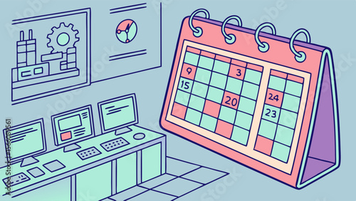 Industrial Production Scheduling and Operations Management: Desk Calendar and Control Room Monitors Illustrating Factory Planning and Data Analysis