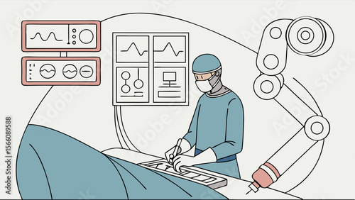 Advanced Robotic Surgery: Surgeon Utilizes AI and High-Tech Medical Equipment in Modern Operating Room for Innovative Healthcare Procedures