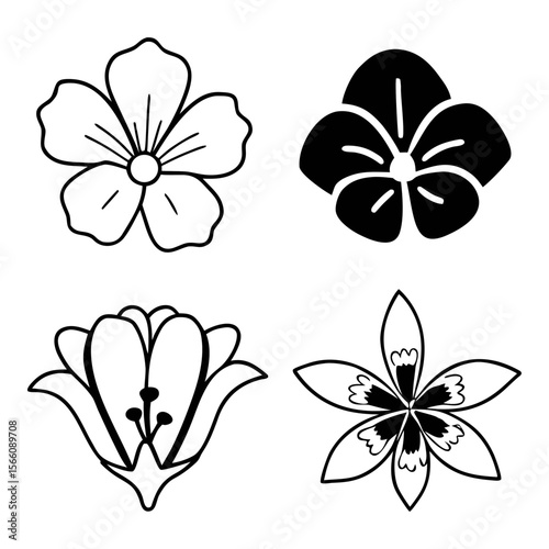 A clean vector set of four black and white minimalist flower icons. Includes tulips, lilies, and stylized garden blooms in simple line art style. Perfect for digital design, logos, packaging, and spri