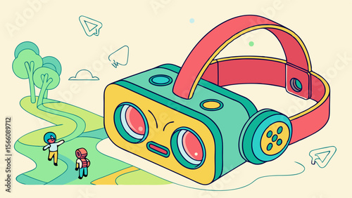 Colorful Virtual Reality Headset in Isometric Style with Miniature Characters and Whimsical Digital Landscape
