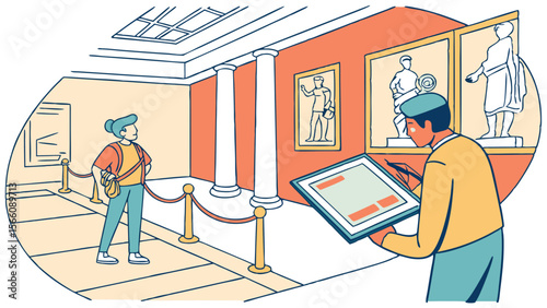 Museum Visitors Exploring Art and History with Digital Tablet Guide in Classical Gallery Setting