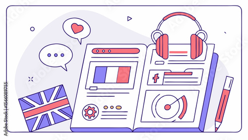 Digital Language Education Concept: Open Textbook with French and English Flags, Headphones, and Icons for Online Learning and Communication