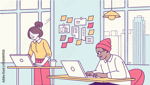 Modern Office Productivity: Diverse Team Collaborating on Laptops in a Bright Workspace with Brainstorming Board Illustration
