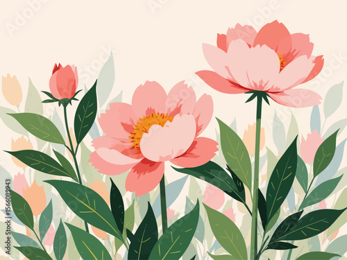  a stylized mural of the the indiana state flower, the peony and its leaves 