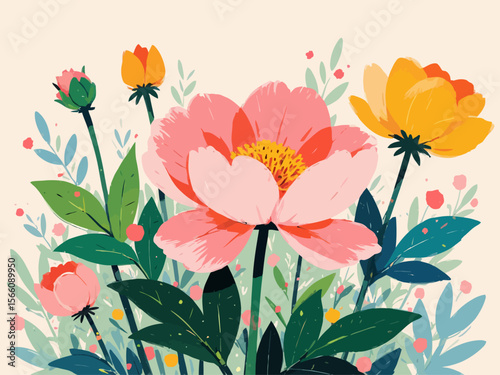  a stylized mural of the the indiana state flower, the peony and its leaves 