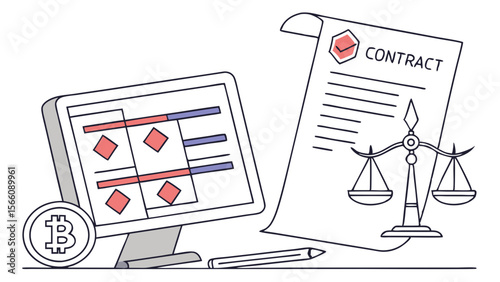 Digital Contract, Cryptocurrency, and Legal System: Blockchain Smart Contract with Justice Scales and Computer Monitor Concept Illustration