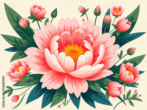  a stylized mural of the the indiana state flower, the peony and its leaves 