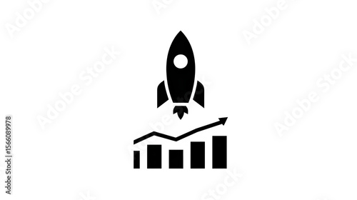 Single flat black icon of a rocket launching from a graph, symbolizing startup growth, transparent background