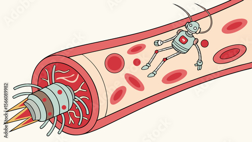 Medical Nanobots Navigating Human Bloodstream: Futuristic Microscopic Robots and Red Blood Cells in a Vein, Advanced Nanotechnology for Internal Tr...