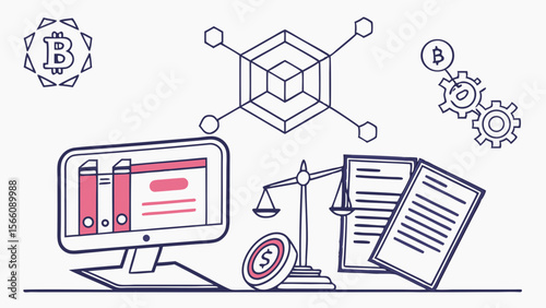 Blockchain and Cryptocurrency Regulation Concept. Digital Finance, Legal Frameworks, and Compliance for Crypto Assets in Modern Line Art Style.