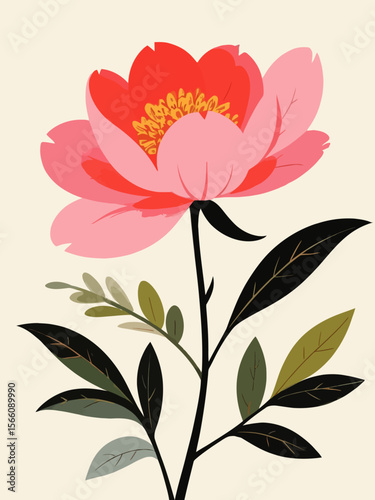  a stylized mural of the the indiana state flower, the peony and its leaves 