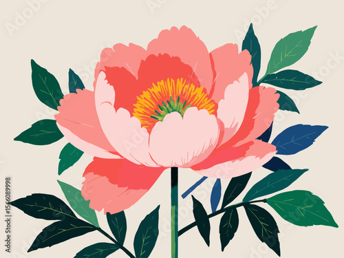  a stylized mural of the the indiana state flower, the peony and its leaves 