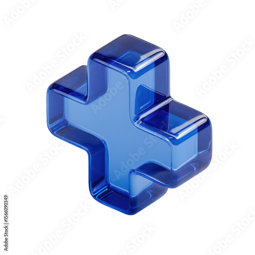 3D blue plus sign, glass-like