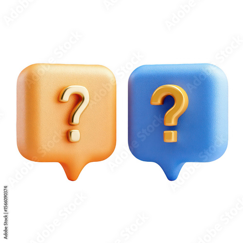 Two 3D question mark speech bubbles, orange and blue (6)
