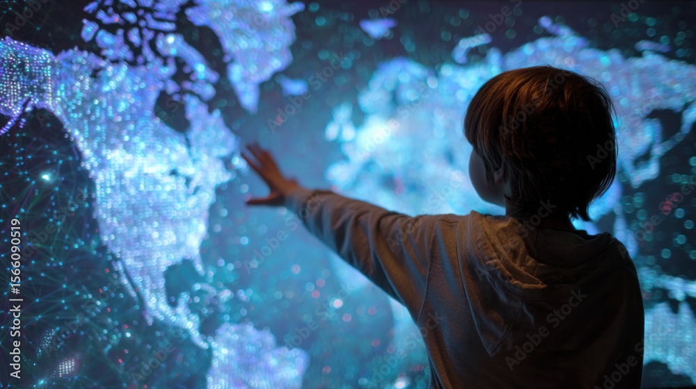 Fototapeta premium Child interacting with global network map
