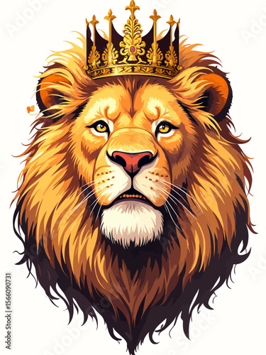 lion with a royal crown, emotional expression with subtle tears, rich golden mane, regal and noble look