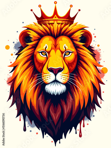 lion with a royal crown, emotional expression with subtle tears, rich golden mane, regal and noble look