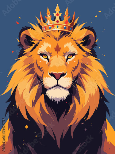 lion with a royal crown, emotional expression with subtle tears, rich golden mane, regal and noble look