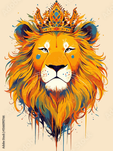lion with a royal crown, emotional expression with subtle tears, rich golden mane, regal and noble look