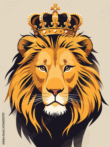 lion with a royal crown, emotional expression with subtle tears, rich golden mane, regal and noble look