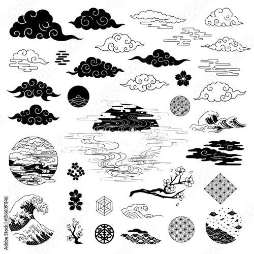 Set of Traditional Asian Japanese Cloud Pattern and Decorative Elements