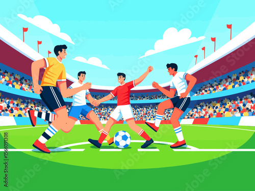 Soccer players playing with ball at stadium Teams during sport game at football field, grass at World Cup competition