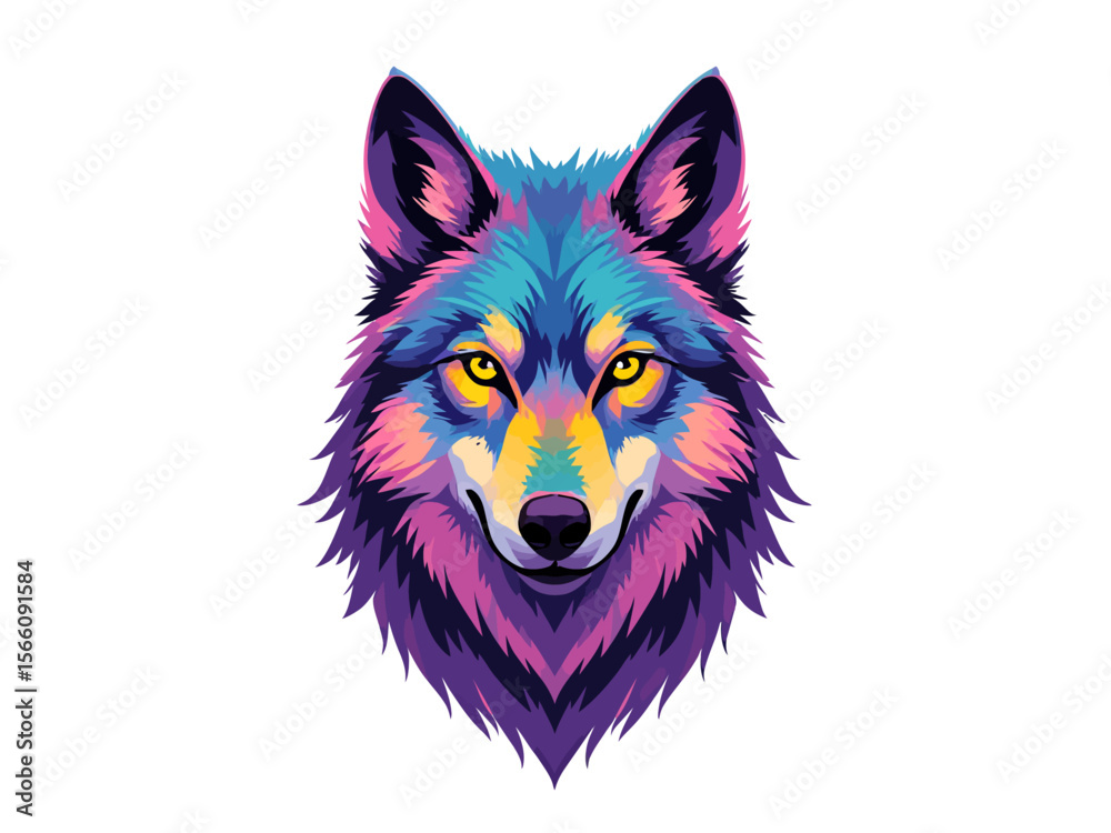 Naklejka premium wolf head portrait, glowing yellow eyes, iridescent fur in neon rainbow colors, centered and symmetrical