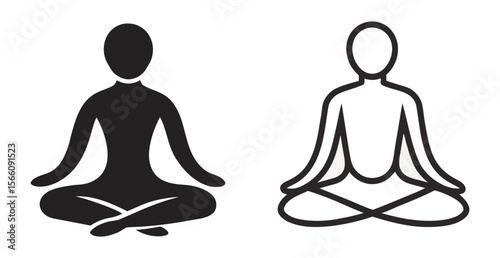 Meditation yoga lotus pose icon set with a simple black silhouette and outline.