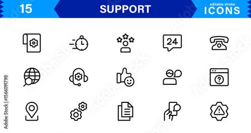 Customer Support Icon Set in Clean Vector Line Style for Helpdesk, Technical Assistance, Service Tools, and Communication
