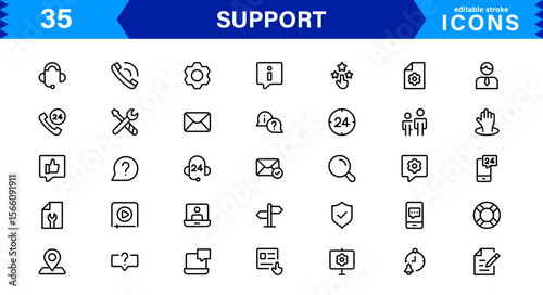 Customer Support Icon Set in Clean Vector Line Style for Helpdesk, Technical Assistance, Service Tools, and Communication