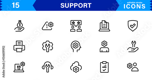 Customer Support Icon Set in Clean Vector Line Style for Helpdesk, Technical Assistance, Service Tools, and Communication
