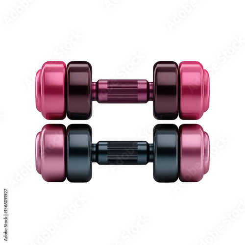 Two mirrored dumbbells, pink and dark gray, on a black background