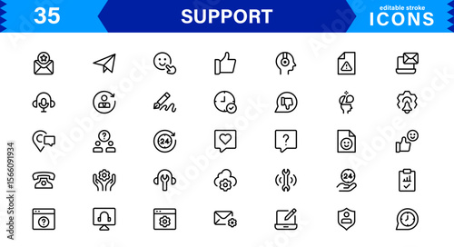 Customer Support Icon Set in Clean Vector Line Style for Helpdesk, Technical Assistance, Service Tools, and Communication