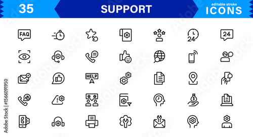 Customer Support Icon Set in Clean Vector Line Style for Helpdesk, Technical Assistance, Service Tools, and Communication
