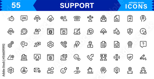 Customer Support Icon Set in Clean Vector Line Style for Helpdesk, Technical Assistance, Service Tools, and Communication