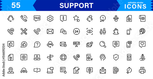 Customer Support Icon Set in Clean Vector Line Style for Helpdesk, Technical Assistance, Service Tools, and Communication
