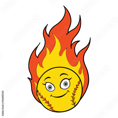 A blazing softball streaks through the air, engulfed in vibrant flames, symbolizing speed, power, and fierce competitive energy on the field.
