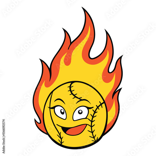 A blazing softball streaks through the air, engulfed in vibrant flames, symbolizing speed, power, and fierce competitive energy on the field.
