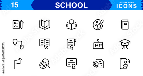 School Icon Set Representing Education, Classroom, Teacher, Student, and Learning in a Simple, Professional, and Marketable Vector Style