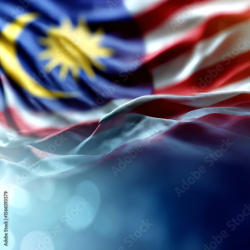Waving Malaysian flag with vibrant colors and textures, symbolic representation.
