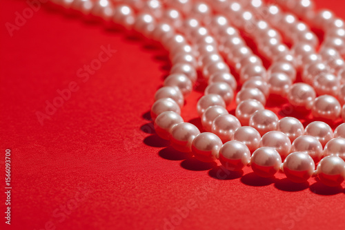 Elegant Pearl Necklace on Red. Elegant string of pearls on red background, ideal for Valentine's Day, weddings, or luxury fashion themes.