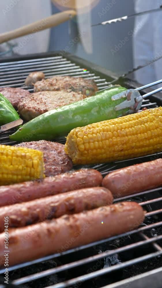 Chef grilling hamburgers, hot dogs, corn and peppers Chef grilling hamburgers, hot dogs, corn and peppers