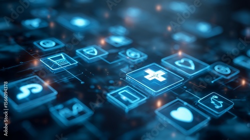 Abstract high-tech concept image of medical innovation, with icons of telemedicine, healthcare apps, and virtual diagnostics in a glowing blue theme

