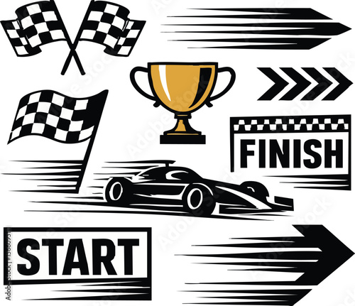 Racing Sports Silhouette Icon Set – Speed, Flags, Trophies, and Checkered Motifs