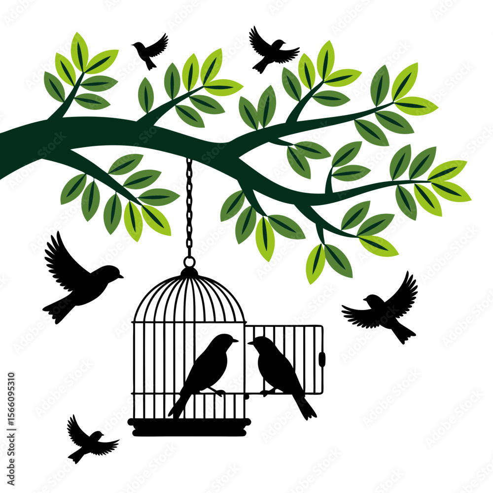 Fototapeta premium Birds escaping from a cage and perching on a branch. Ideal for illustrating freedom, nature, or animal welfare concepts.