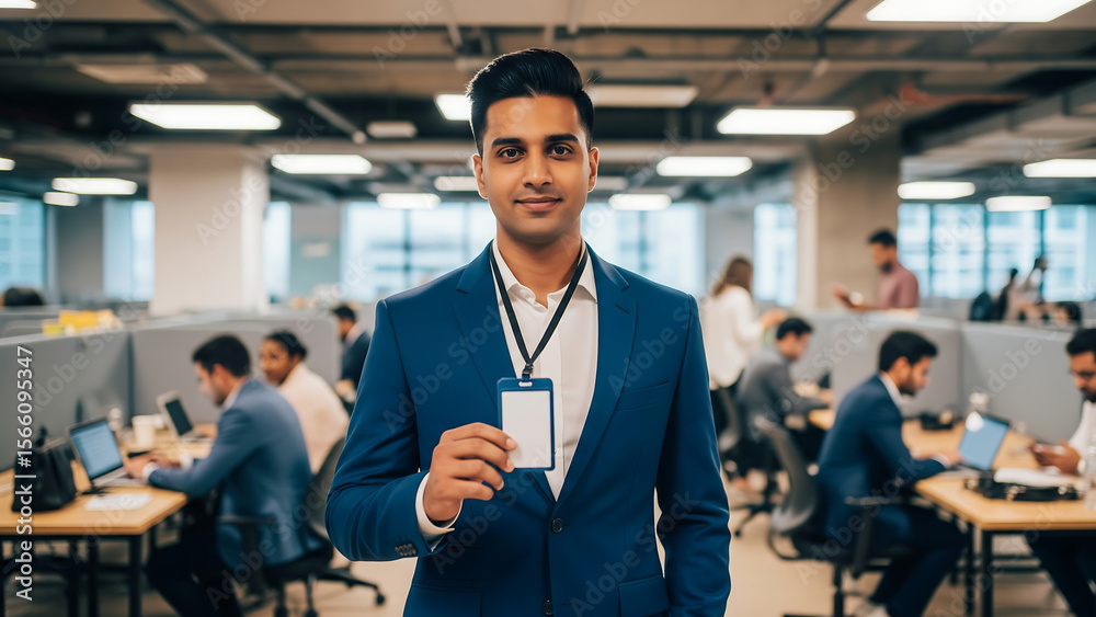 Obraz premium Businessman showing blank ID badge suitable for branding, events, or corporate identity mockup